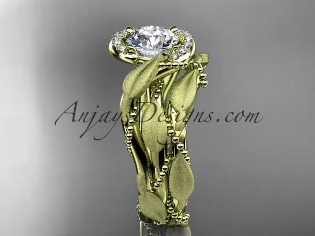 14kt yellow gold diamond leaf and vine wedding ring, engagement set with a "Forever One" Moissanite center stone ADLR65S - AnjaysDesigns