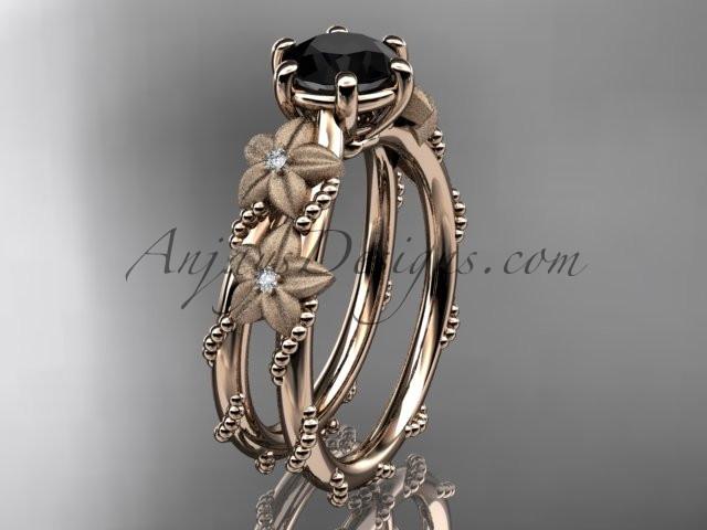 14kt rose  gold diamond floral, leaf and vine wedding ring, engagement ring with  Black Diamond center stone ADLR66 - AnjaysDesigns