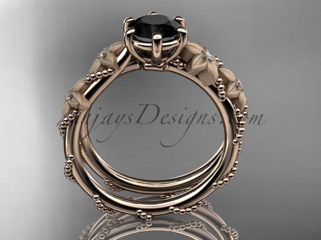 14kt rose  gold diamond floral, leaf and vine wedding ring, engagement ring with  Black Diamond center stone ADLR66 - AnjaysDesigns