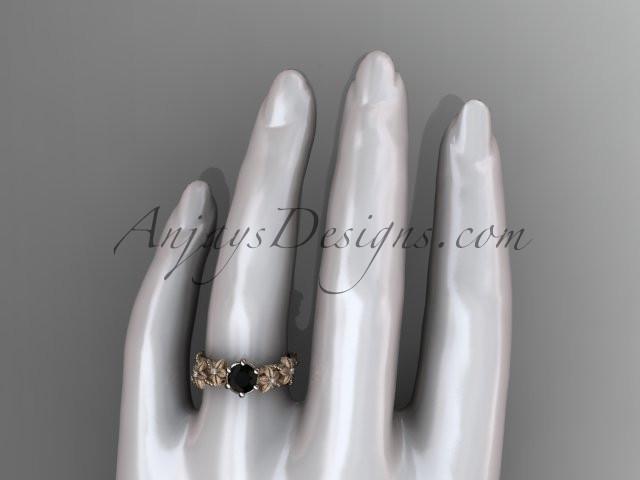 14kt rose  gold diamond floral, leaf and vine wedding ring, engagement ring with  Black Diamond center stone ADLR66 - AnjaysDesigns