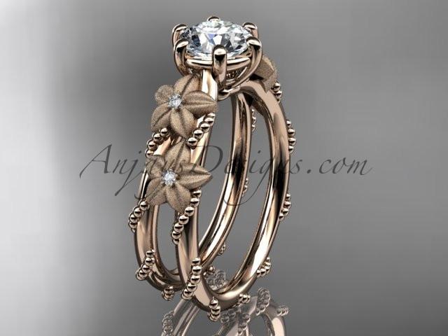 14kt rose gold diamond floral, leaf and vine wedding ring, engagement ring with "Forever One" Moissanite center stone ADLR66 - AnjaysDesigns
