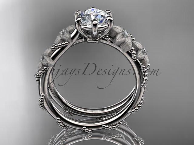 Platinum diamond floral, leaf and vine wedding ring, engagement ring with "Forever One" Moissanite center stone ADLR66 - AnjaysDesigns