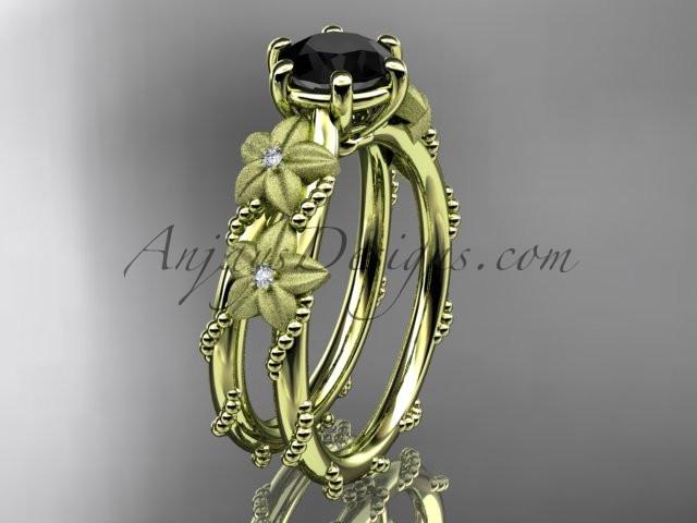 14kt yellow gold diamond floral, leaf and vine wedding ring, engagement ring with  Black Diamond center stone ADLR66 - AnjaysDesigns