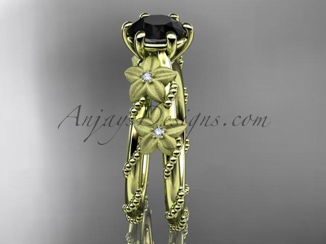 14kt yellow gold diamond floral, leaf and vine wedding ring, engagement ring with  Black Diamond center stone ADLR66 - AnjaysDesigns