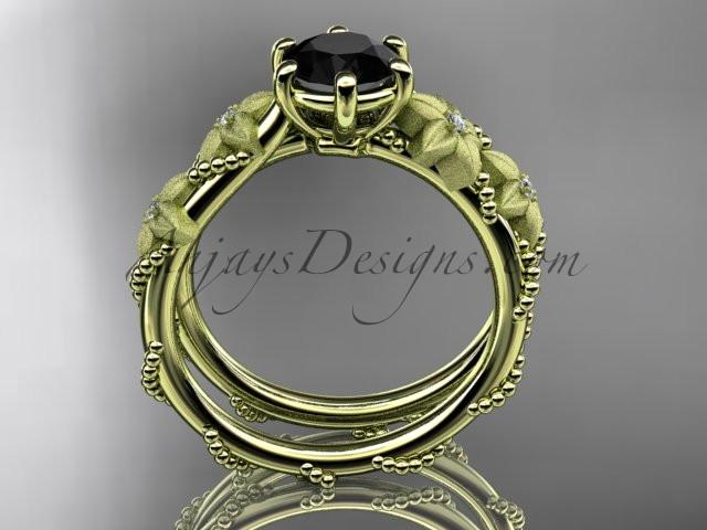 14kt yellow gold diamond floral, leaf and vine wedding ring, engagement ring with  Black Diamond center stone ADLR66 - AnjaysDesigns