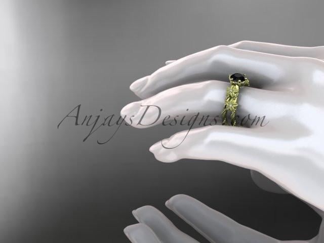 14kt yellow gold diamond floral, leaf and vine wedding ring, engagement ring with  Black Diamond center stone ADLR66 - AnjaysDesigns