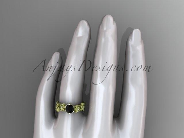 14kt yellow gold diamond floral, leaf and vine wedding ring, engagement ring with  Black Diamond center stone ADLR66 - AnjaysDesigns