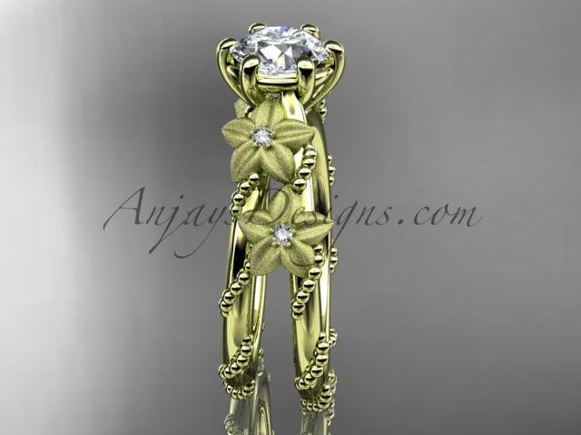 14kt yellow gold diamond floral, leaf and vine wedding ring, engagement ring with "Forever One" Moissanite center stone ADLR66 - AnjaysDesigns