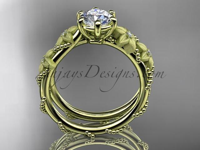 14kt yellow gold diamond floral, leaf and vine wedding ring, engagement ring with "Forever One" Moissanite center stone ADLR66 - AnjaysDesigns