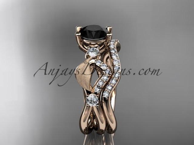 14kt rose gold diamond leaf and vine wedding ring, engagement set with Black Diamond center stone ADLR68S - AnjaysDesigns