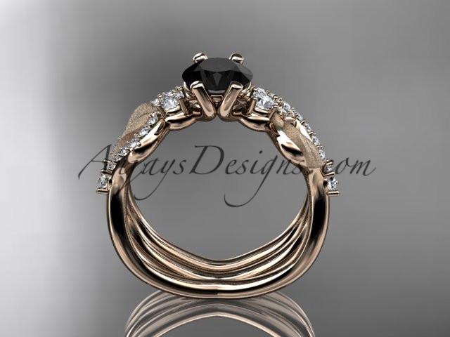 14kt rose gold diamond leaf and vine wedding ring, engagement set with Black Diamond center stone ADLR68S - AnjaysDesigns
