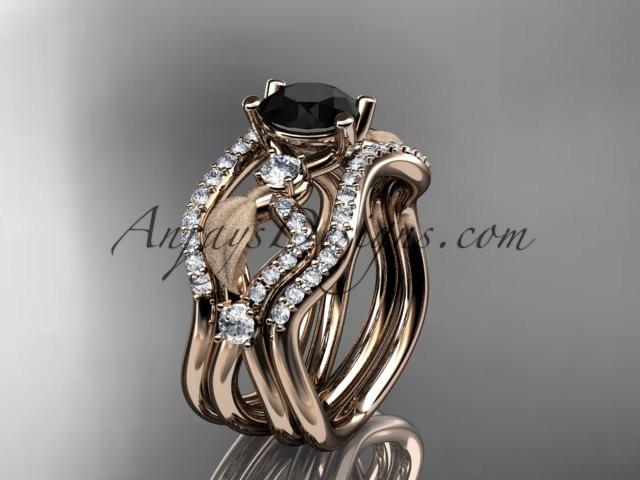 14kt rose gold diamond leaf and vine wedding ring, engagement ring with Black Diamond center stone and double matching band ADLR68S - AnjaysDesigns