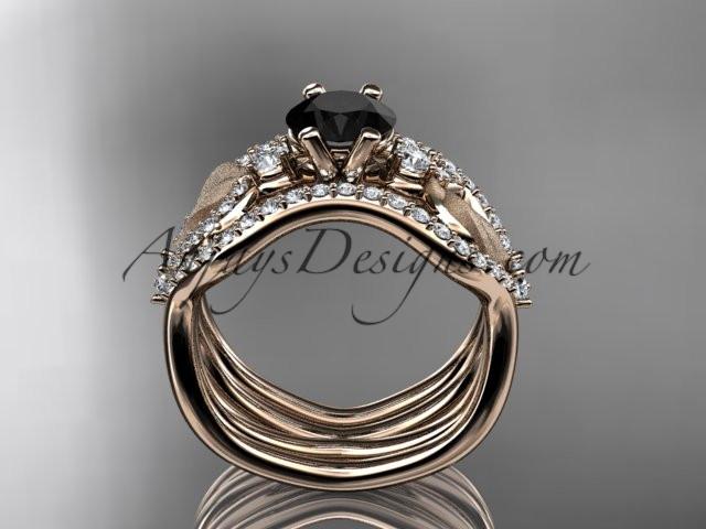 14kt rose gold diamond leaf and vine wedding ring, engagement ring with Black Diamond center stone and double matching band ADLR68S - AnjaysDesigns