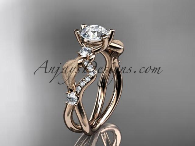 14kt rose gold diamond leaf and vine wedding ring, engagement ring with "Forever One" Moissanite center stone ADLR68 - AnjaysDesigns