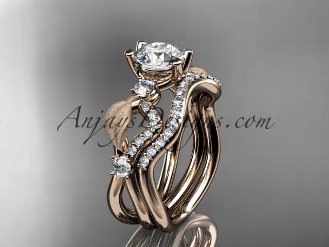 14kt rose gold diamond leaf and vine wedding ring, engagement set with "Forever One" Moissanite center stone ADLR68S - AnjaysDesigns