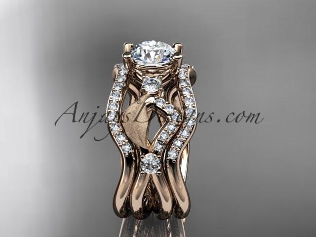 14kt rose gold diamond leaf and vine wedding ring, engagement ring with double matching band ADLR68S - AnjaysDesigns
