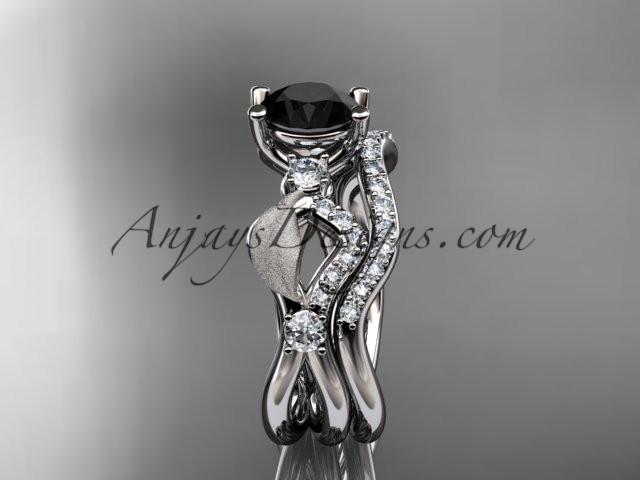 platinum diamond leaf and vine wedding ring, engagement set with Black Diamond center stone ADLR68S - AnjaysDesigns