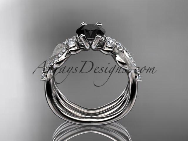 platinum diamond leaf and vine wedding ring, engagement set with Black Diamond center stone ADLR68S - AnjaysDesigns
