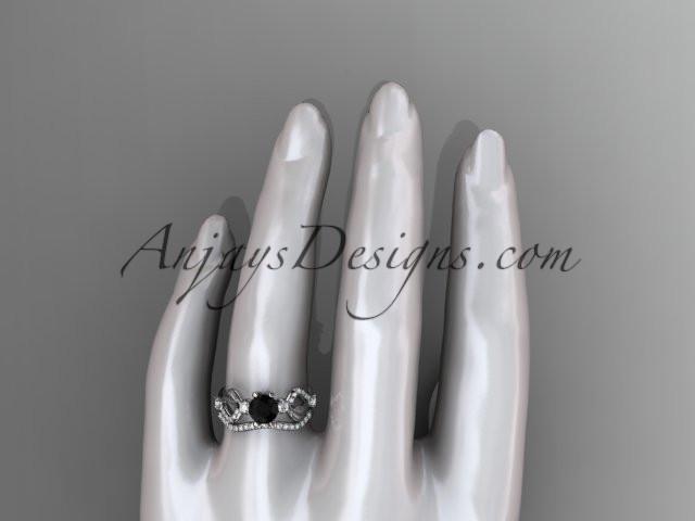 platinum diamond leaf and vine wedding ring, engagement set with Black Diamond center stone ADLR68S - AnjaysDesigns