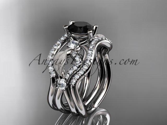platinum diamond leaf and vine wedding ring, engagement ring with Black Diamond center stone and double matching band ADLR68S - AnjaysDesigns