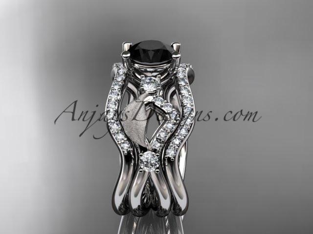 14kt white gold diamond leaf and vine wedding ring, engagement ring with Black Diamond center stone and double matching band ADLR68S - AnjaysDesigns