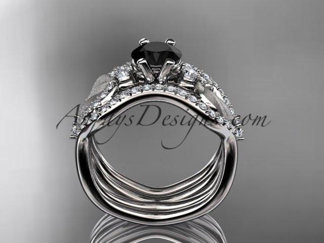 14kt white gold diamond leaf and vine wedding ring, engagement ring with Black Diamond center stone and double matching band ADLR68S - AnjaysDesigns