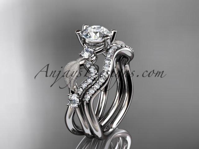 platinum diamond leaf and vine wedding ring, engagement set with "Forever One" Moissanite center stone ADLR68S - AnjaysDesigns