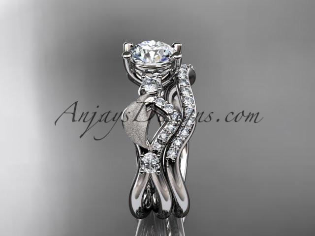 platinum diamond leaf and vine wedding ring, engagement set with "Forever One" Moissanite center stone ADLR68S - AnjaysDesigns