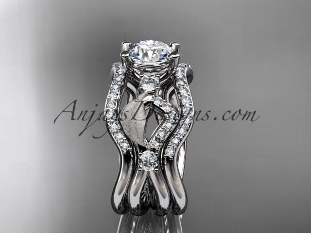 14kt white gold diamond leaf and vine wedding ring, engagement ring with "Forever One" Moissanite center stone and double matching band ADLR68S - AnjaysDesigns