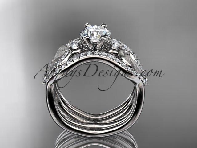 platinum diamond leaf and vine wedding ring, engagement ring with "Forever One" Moissanite center stone and double matching band ADLR68S - AnjaysDesigns