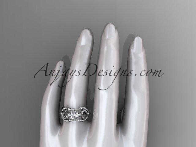 14kt white gold diamond leaf and vine wedding ring, engagement ring with "Forever One" Moissanite center stone and double matching band ADLR68S - AnjaysDesigns