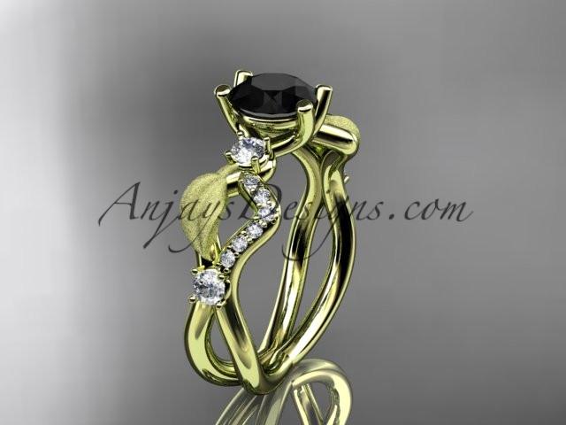 14kt yellow gold diamond leaf and vine wedding ring, engagement ring with Black Diamond center stone ADLR68 - AnjaysDesigns