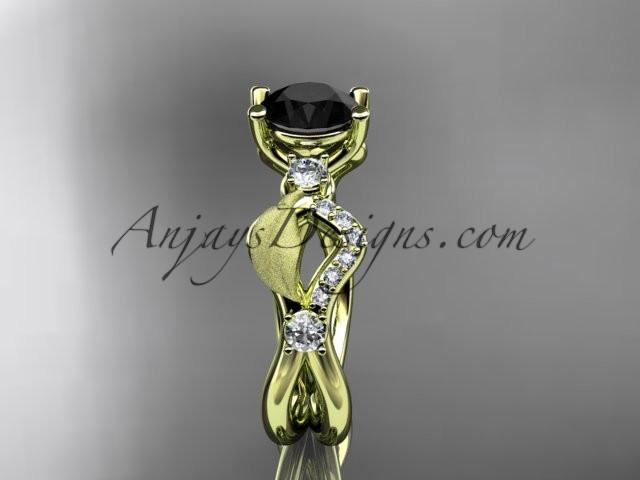 14kt yellow gold diamond leaf and vine wedding ring, engagement ring with Black Diamond center stone ADLR68 - AnjaysDesigns
