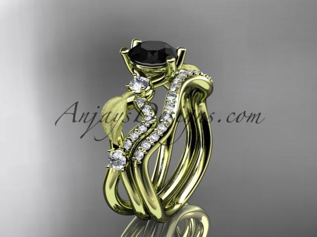 14kt yellow gold diamond leaf and vine wedding ring, engagement set with Black Diamond center stone ADLR68S - AnjaysDesigns