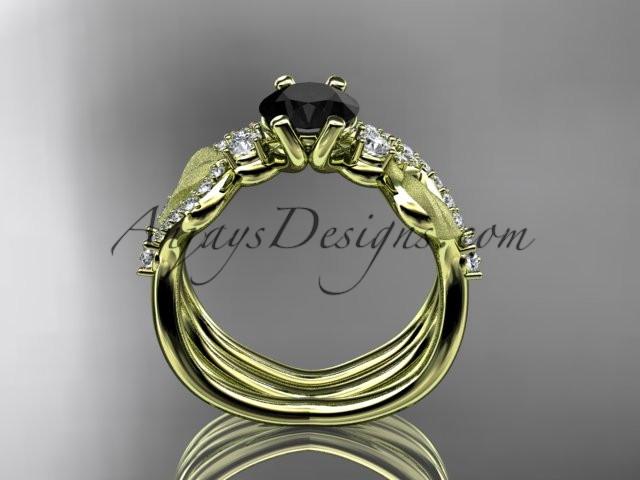 14kt yellow gold diamond leaf and vine wedding ring, engagement set with Black Diamond center stone ADLR68S - AnjaysDesigns