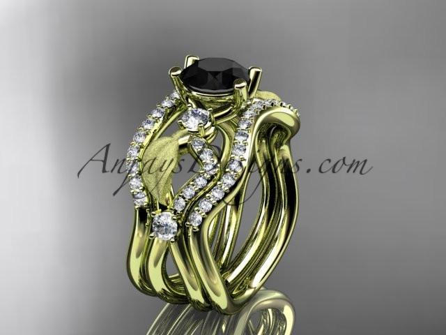 14kt yellow gold diamond leaf and vine wedding ring, engagement ring with Black Diamond center stone and double matching band ADLR68S - AnjaysDesigns