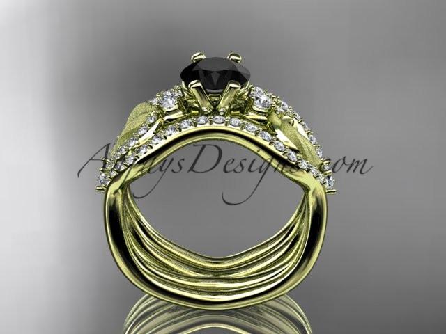 14kt yellow gold diamond leaf and vine wedding ring, engagement ring with Black Diamond center stone and double matching band ADLR68S - AnjaysDesigns