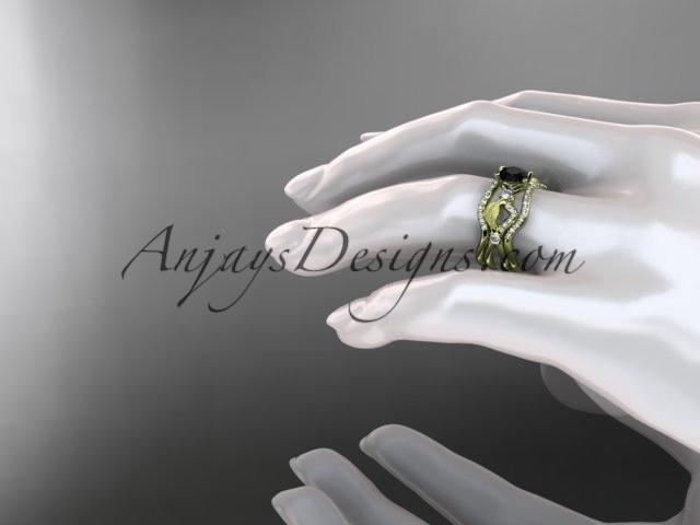 14kt yellow gold diamond leaf and vine wedding ring, engagement ring with Black Diamond center stone and double matching band ADLR68S - AnjaysDesigns