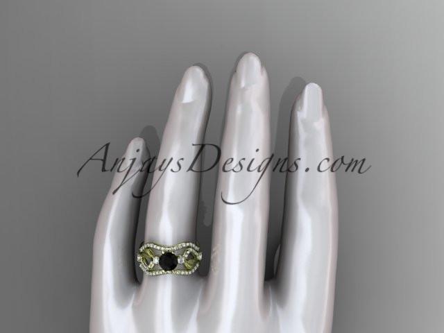 14kt yellow gold diamond leaf and vine wedding ring, engagement ring with Black Diamond center stone and double matching band ADLR68S - AnjaysDesigns