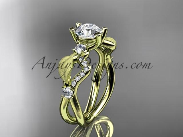 14kt yellow gold diamond leaf and vine wedding ring, engagement ring with "Forever One" Moissanite center stone ADLR68 - AnjaysDesigns