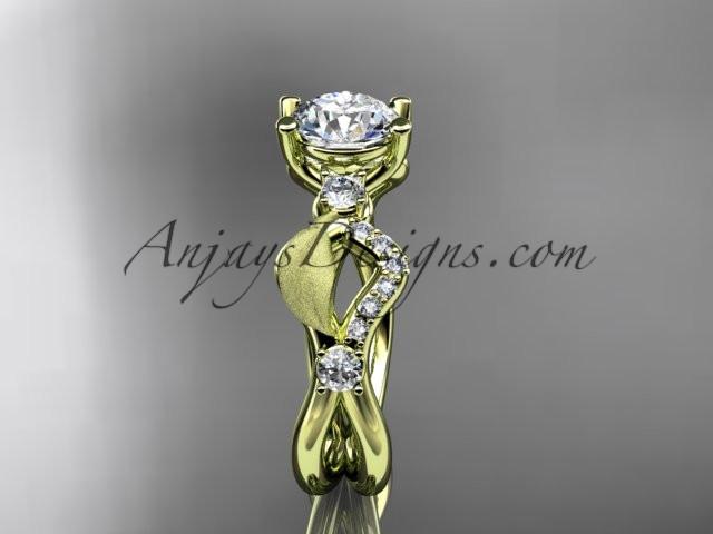 14kt yellow gold diamond leaf and vine wedding ring, engagement ring with "Forever One" Moissanite center stone ADLR68 - AnjaysDesigns
