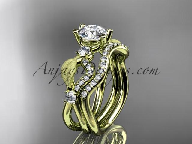 14kt yellow gold diamond leaf and vine wedding ring, engagement set with "Forever One" Moissanite center stone ADLR68S - AnjaysDesigns