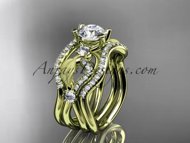 14kt yellow gold diamond leaf and vine wedding ring, engagement ring with "Forever One" Moissanite center stone and double matching band ADLR68S - AnjaysDesigns