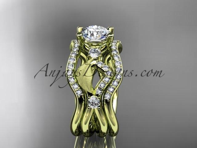 14kt yellow gold diamond leaf and vine wedding ring, engagement ring with double matching band ADLR68S - AnjaysDesigns