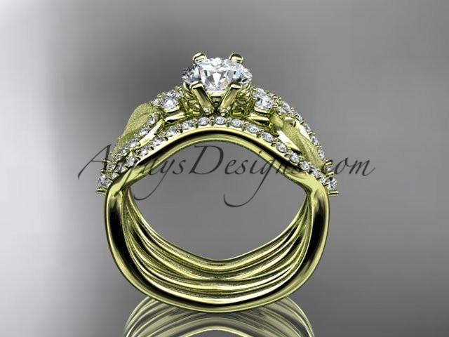 14kt yellow gold diamond leaf and vine wedding ring, engagement ring with double matching band ADLR68S - AnjaysDesigns