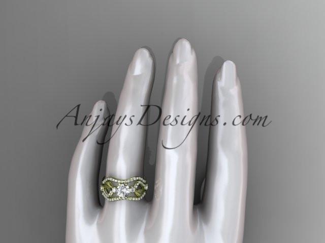 14kt yellow gold diamond leaf and vine wedding ring, engagement ring with double matching band ADLR68S - AnjaysDesigns