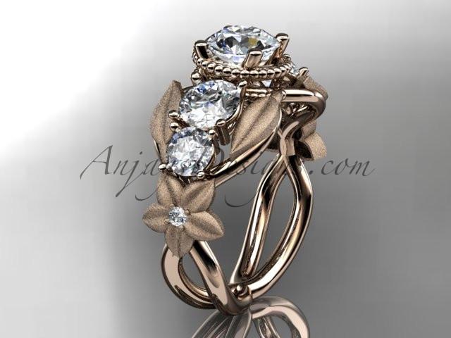 14kt rose gold diamond floral, leaf and vine wedding ring, engagement ring with "Forever One" Moissanite center stone ADLR69 - AnjaysDesigns
