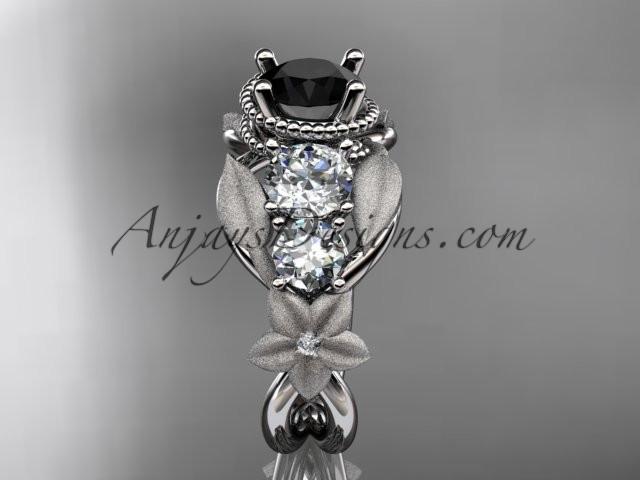 platinum diamond floral, leaf and vine wedding ring, engagement ring with Black Diamond center stone ADLR69 - AnjaysDesigns
