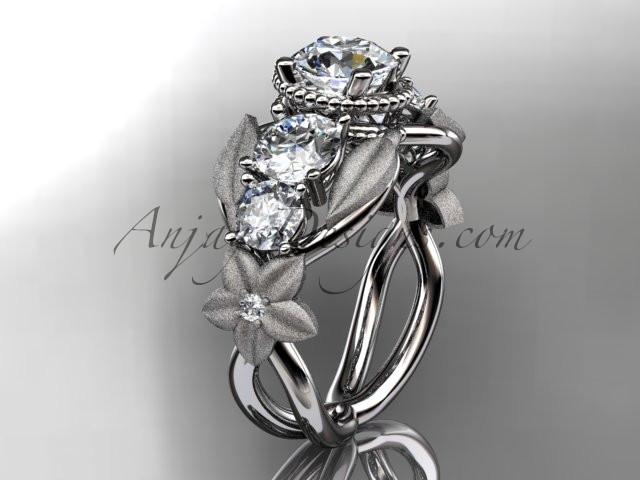 Platinum diamond floral, leaf and vine wedding ring, engagement ring with "Forever One" Moissanite center stone ADLR69 - AnjaysDesigns