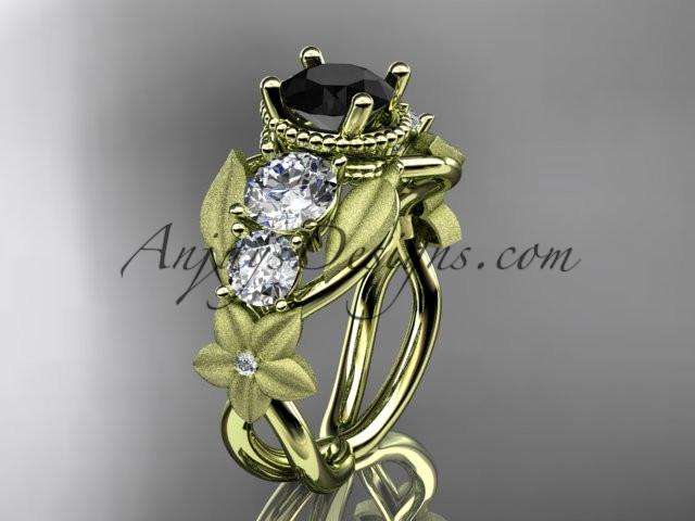 14kt yellow gold diamond floral, leaf and vine wedding ring, engagement ring with Black Diamond center stone ADLR69 - AnjaysDesigns